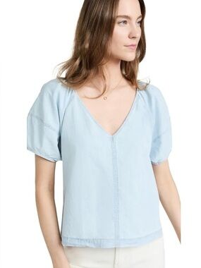Light Chambray Blue V Neck Blouse Top M 100% Cotton Velvet by Graham & Spencer